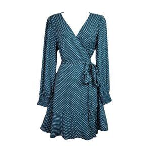 Loft Womens Long Sleeve Green White Polka Dot V-Neck Wrap Mini Dress Size 2 NWT